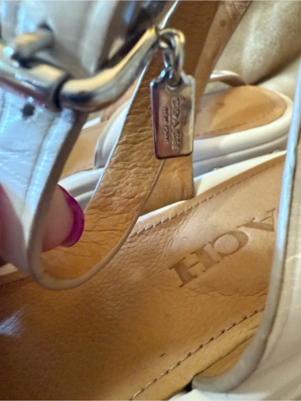 Coach Astor Cream Leather Wood Platform Sandal with Stud Accents